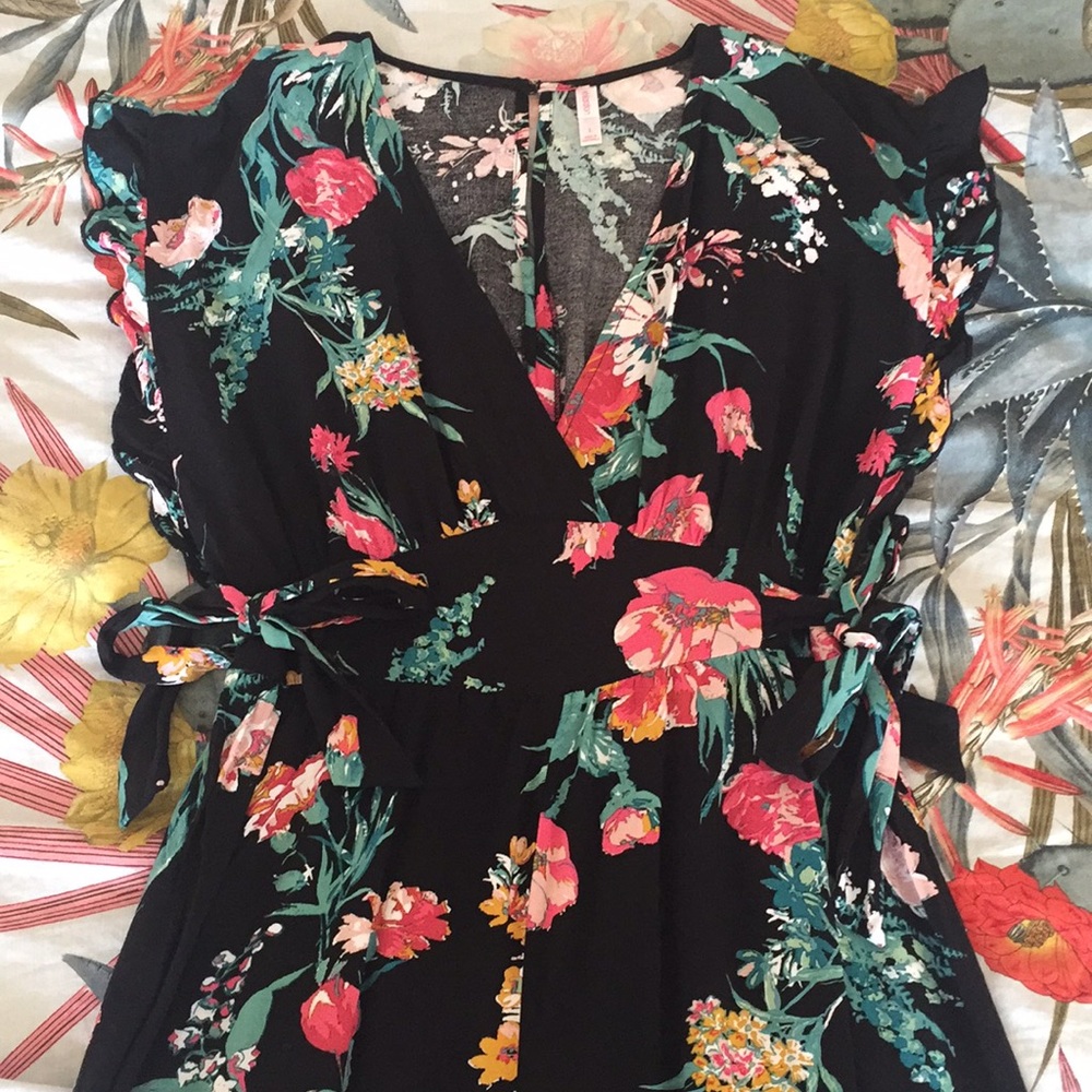 Black and floral wide leg romper